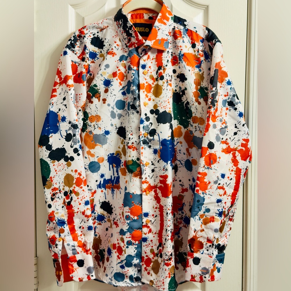 Suslo Mens Longsleeve Button Up Shirt Paint Splatter Print Artist Large